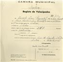 Registo de velocípede de marca S.K.S., com o nº 452, em nome de Duarte Lino Pimentel, morador em S. Pedro de Sintra.