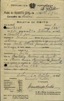Boletim de óbito de Carlos Alberto Gonçalves dos Santos, sepultado no coval nº 7134, do cemitério de S. Marçal.