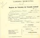 Registo de um veiculo de duas rodas tirado por dois animais de espécie bovina destinado a transporte de mercadorias em nome de Manuel Joaquim Branco, morador na Terrugem.