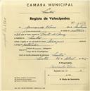 Registo de velocípede com o nº 1654, em nome de Armando Vieira, morador em Sintra.