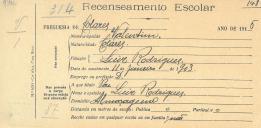 Recenseamento escolar de Valentim Rodrigues, filho de Luiz Rodrigues, morador em Almoçageme.