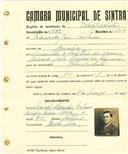 Registo de matricula de velocipedista em nome de Francisco José Cartaxo, morador em Agualva, com o nº de inscrição 1922.