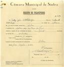 Registo de velocípede de marca Imperial, com o nº 6586, em nome de Fredy João Adelsberge, morador em Praia das Maçãs.