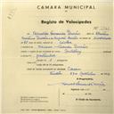 Registo de velocípede com o nº 2741, em nome de Arnaldo Fernando Durais, morador em Cacém.