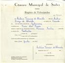 Registo de velocípede de marca Sachs, com o nº 9020, em nome de António Firmino de Almeida, morador em Praia das Maçãs.