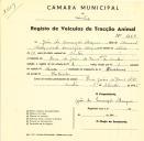 Registo de um veiculo de duas rodas tirado por um animal de espécie muar destinado a transporte de mercadorias em nome de João da Conceição Marques, morador na Rua João de Deus, nº 10 em Sintra.