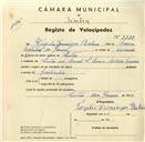 Registo de velocípede com o nº 3388, em nome de Virgílio Domingos Baleia, morador em Estrada Macieira, Sintra.