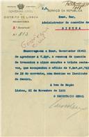 Ofício dirigido ao Administrador do Concelho de Sintra, proveniente do Secretário Geral do Governo Civil do Distrito de Lisboa, agradecendo a doação de dinheiro com destino ao Instituto do Cancro.