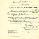 Registo de um veiculo de duas rodas tirado por um animal de espécie muar destinado a transporte de mercadorias em nome de Fernando da Silva Durões, morador no Algueirão.