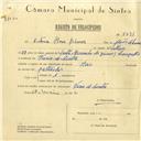 Registo de velocípede de marca Raio, com o nº 5791, em nome de António Maria Simões, morador em Várzea de Sintra.