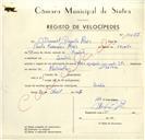 Registo de velocípede de marca Raio com motor Ilo, com o nº 10027, em nome de Manuel Duarte Raio, morador em Sintra.