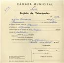 Registo de velocípede de marca Origan, com o nº 3592, em nome de João Raimundo, morador em Algueirão.