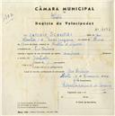 Registo de velocípede com o nº 4692, em nome de António Sebastião, morador em Pero Pinheiro.