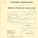 Registo de um veiculo de duas rodas tirado por dois animais de espécie muar destinado a transporte de mercadorias em nome de Augusto das Neves, morador na Tojeira.