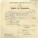 Registo de velocípede de marca Aranha, com o nº 3916, em nome de José Ferreira, morador em Queluz.