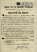Boletim de óbito de António dos Santos Pacheco, morador Barrosa, sepultado no coval nº 7252, do cemitério de S. Marçal.