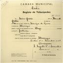 Registo de velocípede de marca Fleyer com o nº 2768, em nome de Mário Jordão, morador em Albarraque.
