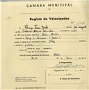 Registo de velocípede com o nº 1781, em nome de Rodrigo Ferrer ......., morador no Largo da Amoreira, Belas.