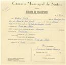 Registo de velocípede de marca Caravela, com o nº 5814, em nome de António Jacinto, morador em Praia das Maçãs.