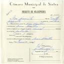 Registo de velocípede de marca Nacional, com o nº 5060, em nome de José Mesquita, morador em Mem Martins.