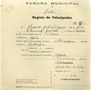 Registo de velocípede de marca Olympique, com o nº 860, em nome de Ricardo Galrão Gomes, morador em Azoia.