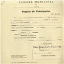 Registo de velocípede com o nº 2090, em nome de Alain Georges Emile Demoustier, morador em Sintra.