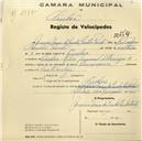 Registo de velocípede com o nº 569, em nome de Maria Irene da Cunha Santos Pinto, moradora na Rua Dr. Manuel d'Arriaga nº 18, Queluz. 
