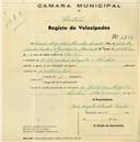 Registo de velocípede com o nº 1704, em nome de Maria Augusta d'Almeida Duarte, moradora na Avª Heliodoro Salgado, Sintra.