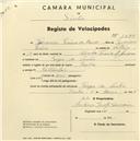 Registo de velocípede com o nº 1085, em nome de Venâncio Pereira de Barros, morador em Várzea de Sintra.