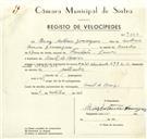 Registo de velocípede de marca H.M.W., com o nº 9333, em nome de Brás António Domingues, morador em Aruil de Baixo.