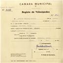 Registo de velocípede com o nº 3013, em nome de Armando Ferreira Narciso, morador em Estefânia.