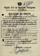 Boletim de óbito de João Faria da Costa Júnior, morador em Sintra, sepultado no coval nº 7128, do cemitério de S. Marçal.
