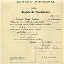 Registo de velocípede de marca Dinar, com o nº 1535, em nome de Florindo Filipe Ventura, morador em Cabriz.