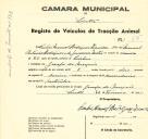 Registo de um veiculo de duas rodas tirado por dois animais de espécie bovina destinado a transporte de mercadorias em nome de Carlos Manuel Rodrigues Zenida, morador na Granja do Marquês.