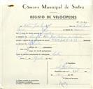 Registo de velocípede de marca F.B.M., com o nº 9140, em nome de Vítor José Névoa, morador em Rua José Antunes dos Santos, Sintra.