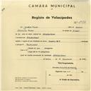 Registo de velocípede com o nº 2377, em nome de Joaquim Prego, morador em Alfaquiques.