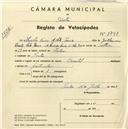 Registo de velocípede de marca Oriental, com o nº 3743, em nome de Lucília Faria de Melo M., moradora em Sintra.