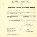 Registo de um veiculo de duas rodas tirado por um animal de espécie muar destinado a transporte de mercadorias em nome de Arnaldo Augusto Silva, morador em Casais de Mem Martins.