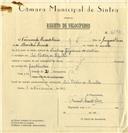 Registo de velocípede de marca Motom, com o nº 6286, em nome de Fernando Duarte Pires, morador em São Pedro de Sintra.