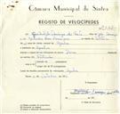 Registo de velocípede de marca Dover, com o nº 9327, em nome de Garibaldi Domingos da Costa, morador em Agualva.