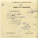 Registo de velocípede de marca Cycles R.P., com o nº 2974, em nome de José António Correia, morador em Alvarinhos.
