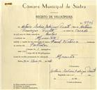 Registo de velocípede de marca Famel com motor Vitória, com o nº 9906, em nome de António Sabino Rodrigues Duarte, morador em Algueirão.