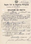 Boletim de óbito de Pedro Miguel Raio, morador em na Varzea de Sintra, sepultado no coval nº 7441, do cemitério de S. Marçal.
