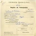 Registo de velocípede com o nº 3823, em nome de Augusto Belchior, morador em Ranholas.