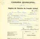 Registo de um veiculo de duas rodas tirado por dois animais de espécie asinina destinado a transporte de mercadorias em nome de Fernando Isidoro Filipe, morador em Bolembre.