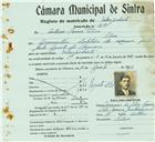 Registo de matricula de velocipedista em nome de António Sousa Pina, morador em Sintra, com o nº de inscrição 857.