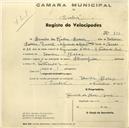 Registo de velocípede de marca Champion, com o nº 832, em nome de Camilo da Rocha Correia, morador em Idanha.