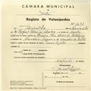 Registo de velocípede de marca Union, com o nº 3697, em nome de José da Silva, morador em Abrunheira.