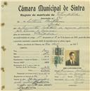 Registo de matricula de velocipedista em nome de António Bartolomeu, morador no Linhó, com o nº de inscrição 595.