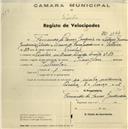 Registo de velocípede de marca Champion, com o nº 1144, em nome de Fernando de Passos Gaudêncio, morador no Bairro Almeida Araújo nº 23, Queluz.